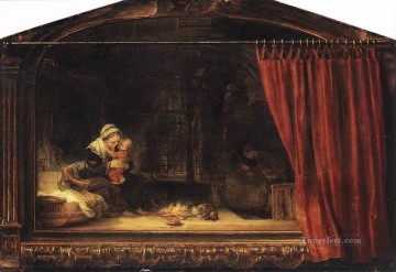 レンブラント・ファン・レイン Painting - カーテンのある聖家族 レンブラント